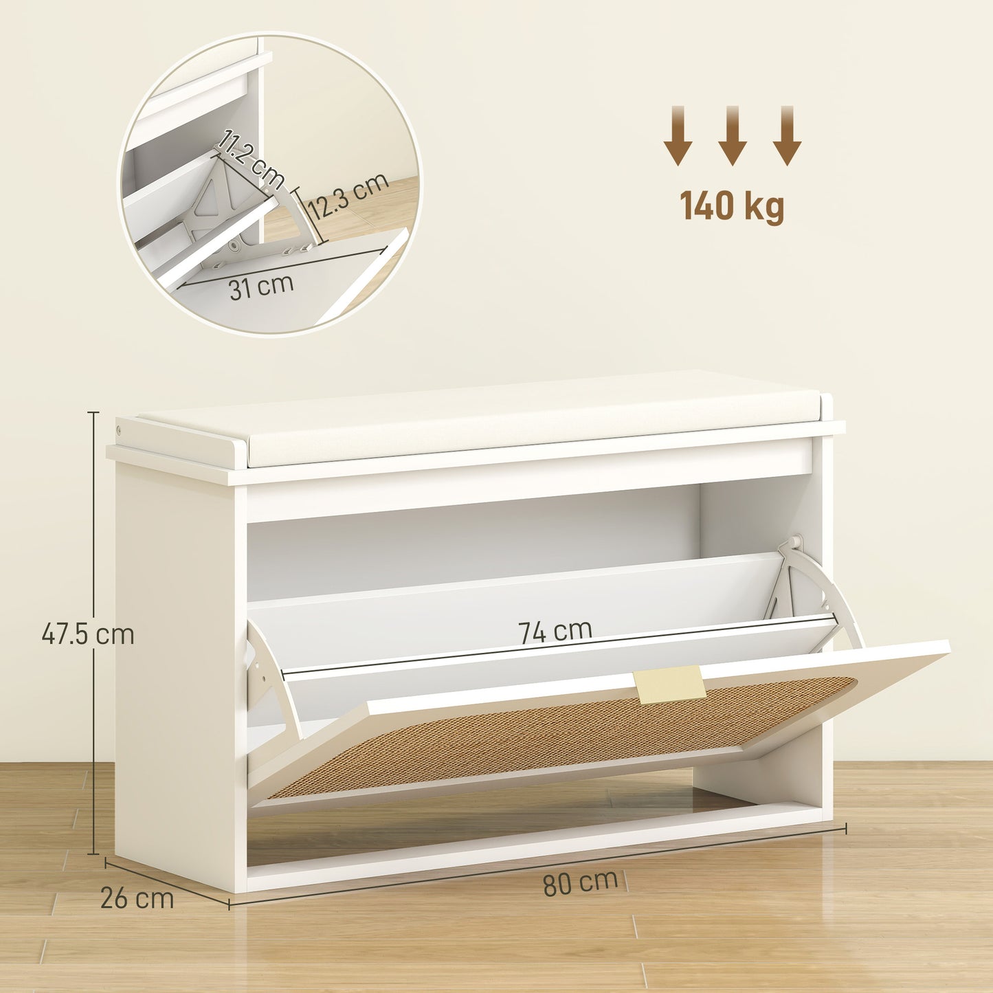 Boho Shoe Bench with Padded Seat and Flip-Drawer, White
