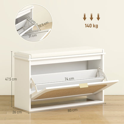 Boho Shoe Bench with Padded Seat and Flip-Drawer, White