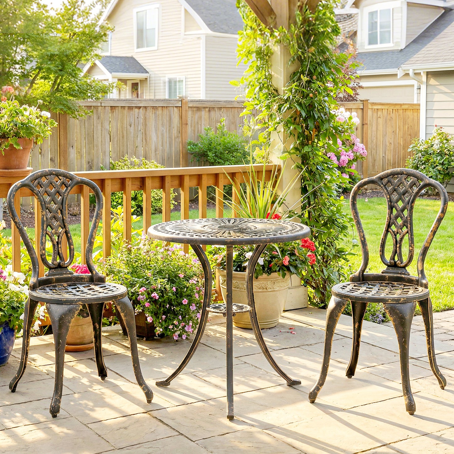 Outdoor Bistro Set Cast Aluminium Patio Furniture for 2, Brown