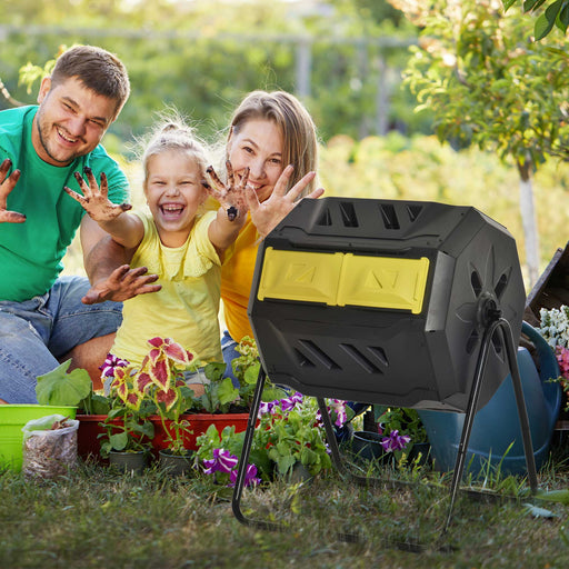 160L Outdoor Tumbling Compost Bin with Dual Chamber, Yellow