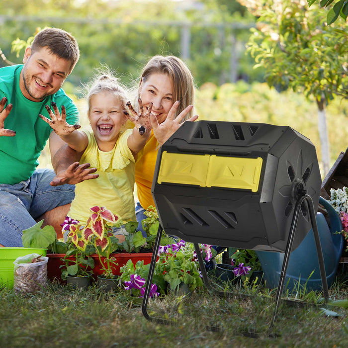 160L Outdoor Tumbling Compost Bin with Dual Chamber, Yellow