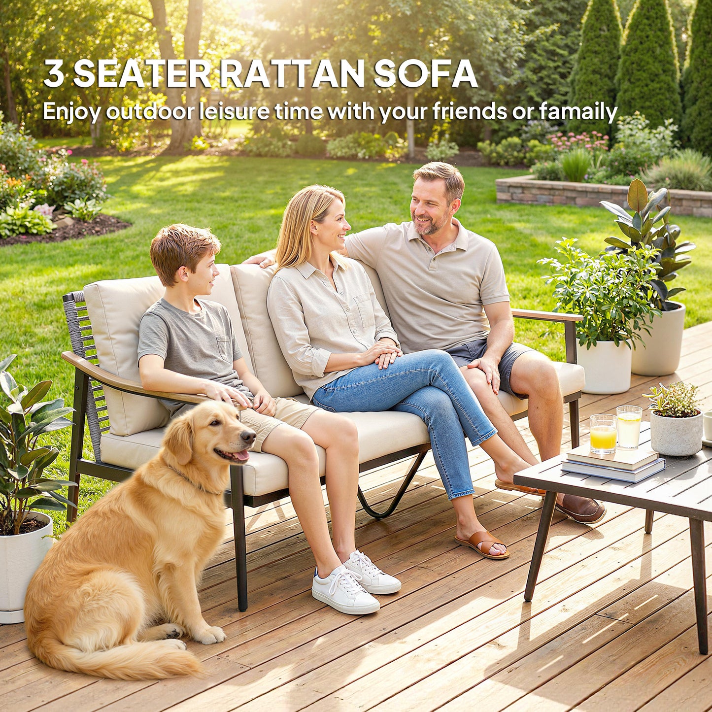 3 Seater Rattan Garden Sofa with Wood-Effect Arms, Cushions, Khaki