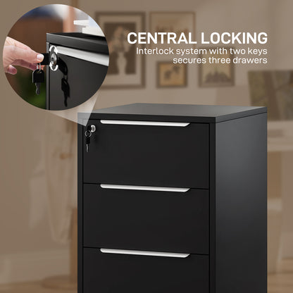 Modern 3-Drawer Locking File Cabinet Mobile Filing Cabinet Black