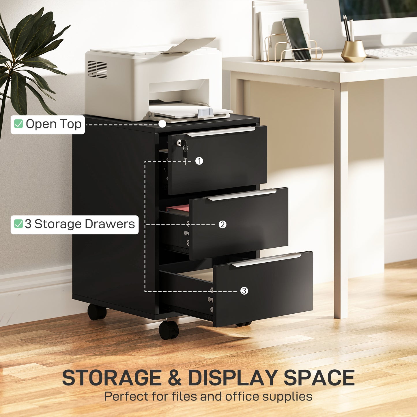 Modern 3-Drawer Locking File Cabinet Mobile Filing Cabinet Black