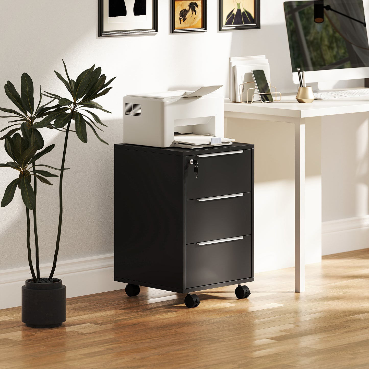 Modern 3-Drawer Locking File Cabinet Mobile Filing Cabinet Black