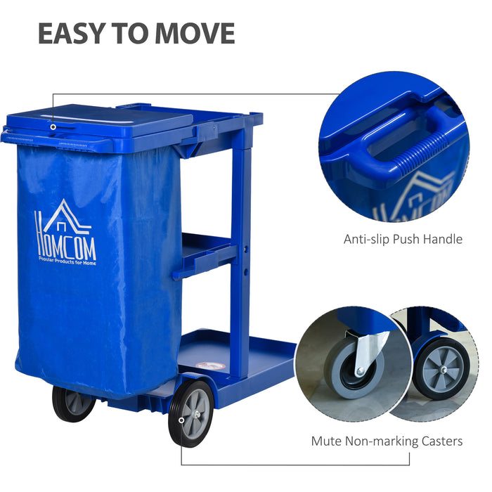 Cleaning Cart On Wheels, Housekeeping Trolley w/ 3 Tier Shelves, Blue