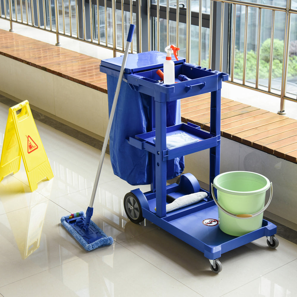 Cleaning Cart On Wheels, Housekeeping Trolley w/ 3 Tier Shelves, Blue