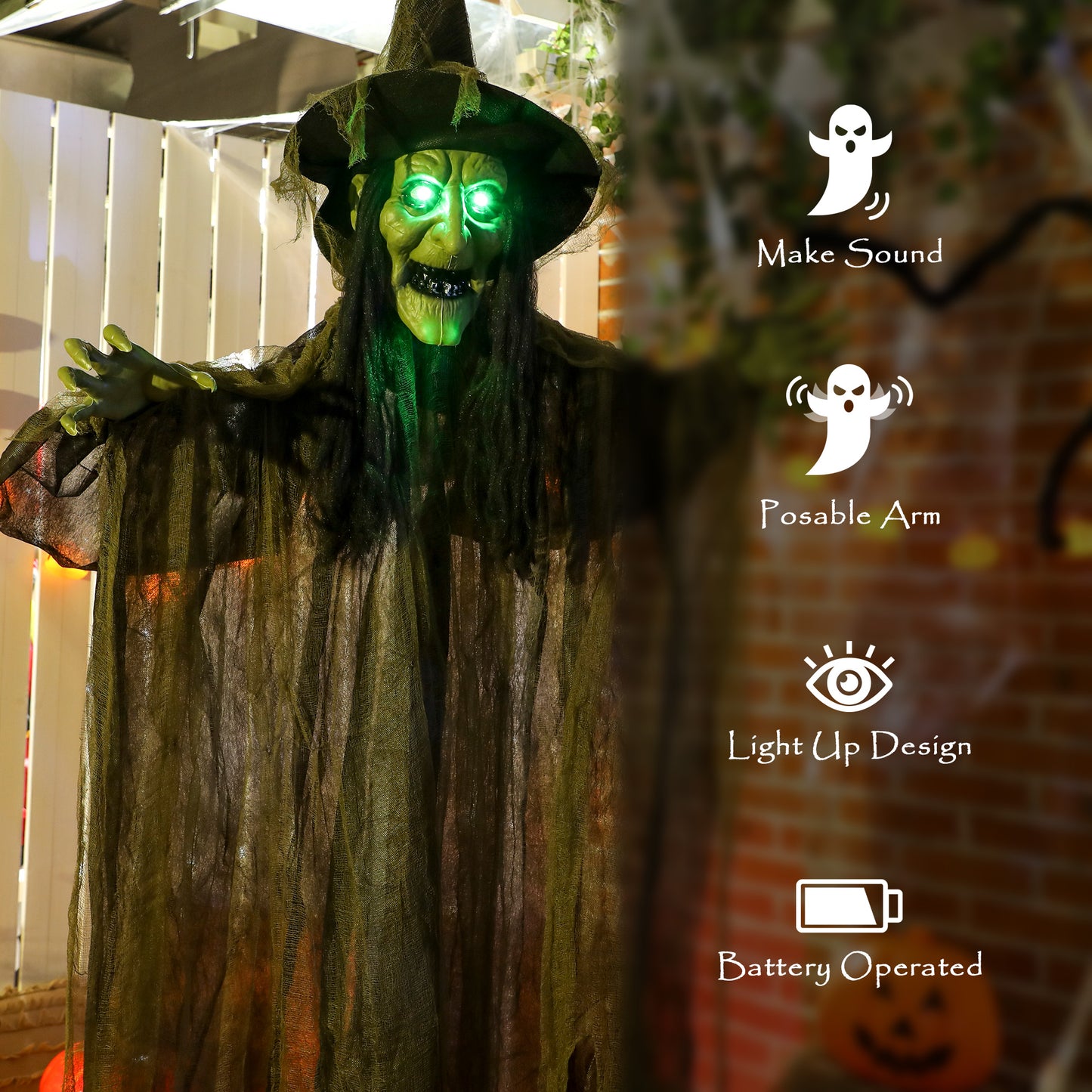 Voice Activated Halloween Animatronics Hanging Witch, Green