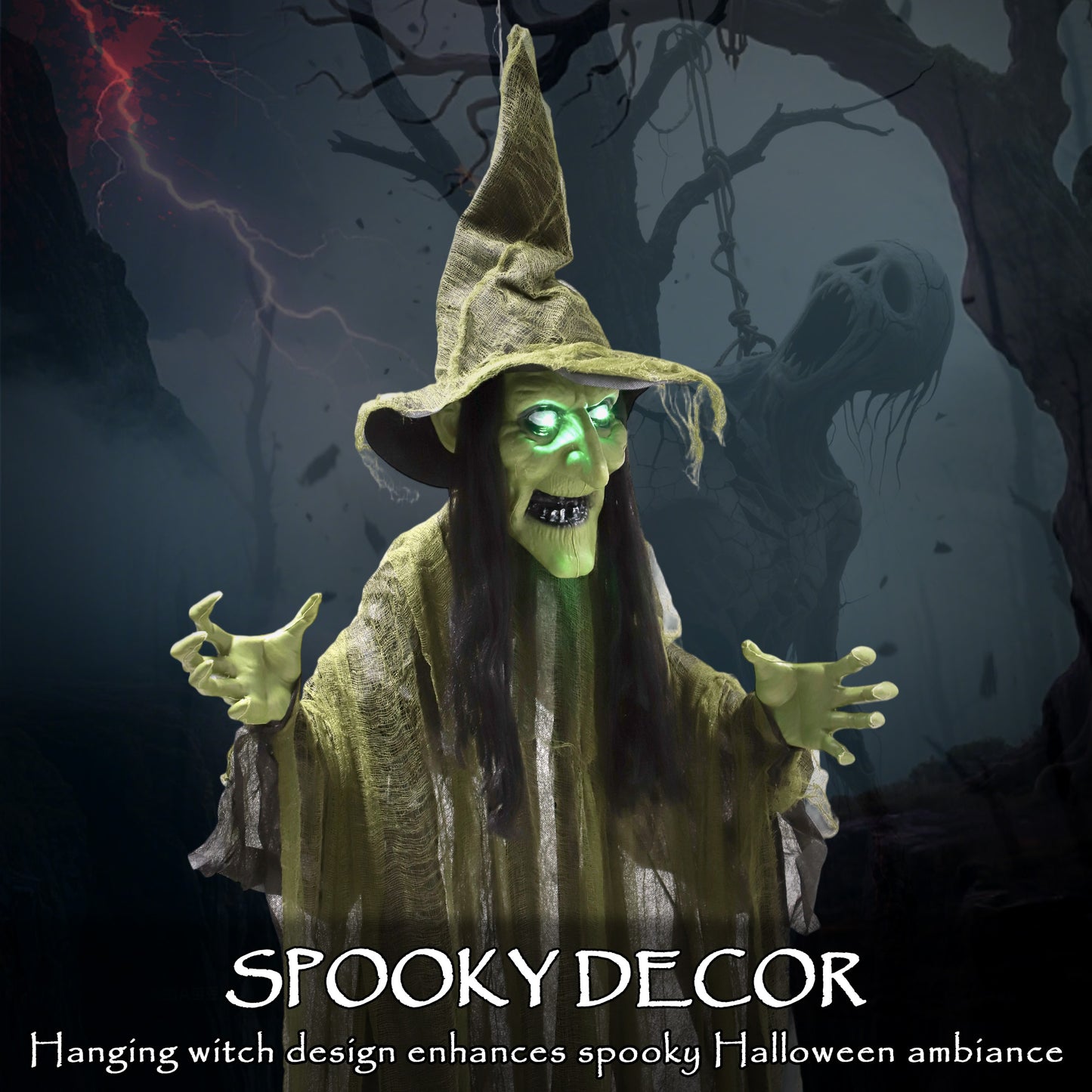 Voice Activated Halloween Animatronics Hanging Witch, Green