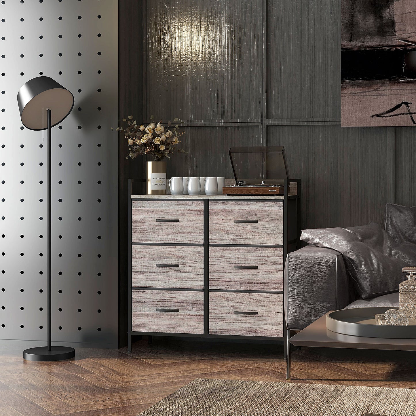 Bedroom Chest of Drawers 6 Drawer Dresser w/ Shelf, Grey Wood Effect