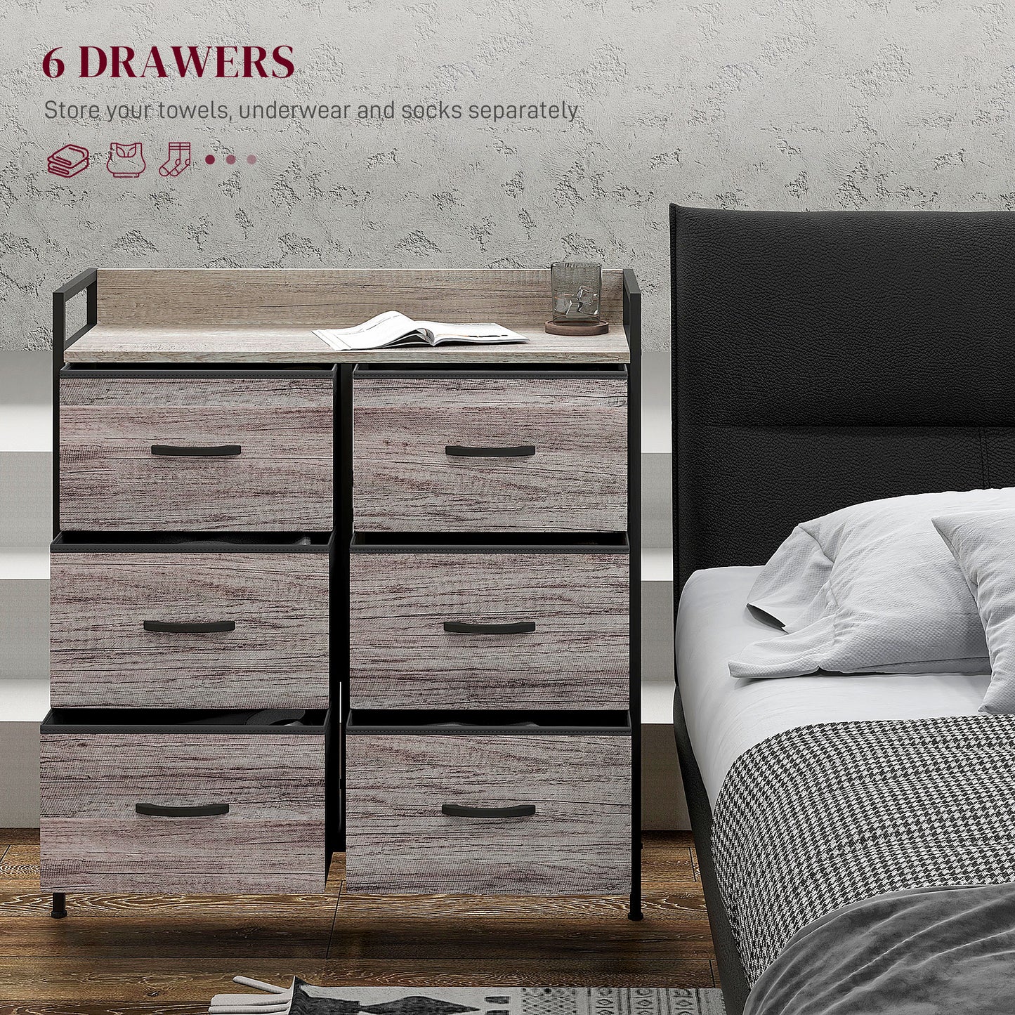 Bedroom Chest of Drawers 6 Drawer Dresser w/ Shelf, Grey Wood Effect
