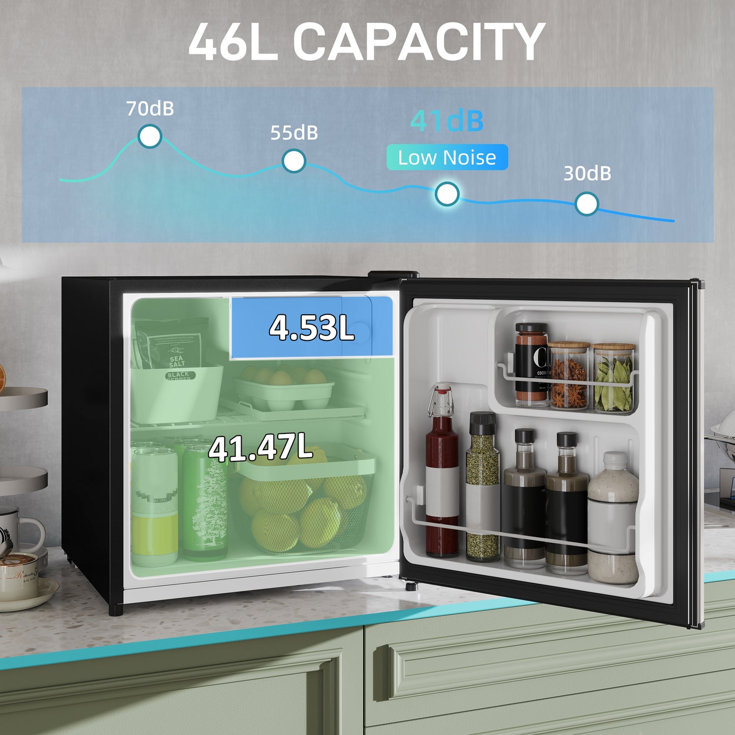 46L Counter Top Fridge with Chiller Box Mini Fridge for Bedrooms Silver