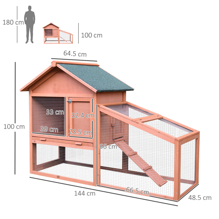 2 Tier Rabbit Cage, Solid Wood Bunny House, Water Resistant Asphalt Roof Ramp Sliding tray 144 x 64.5 x 100 cm Red/Brown