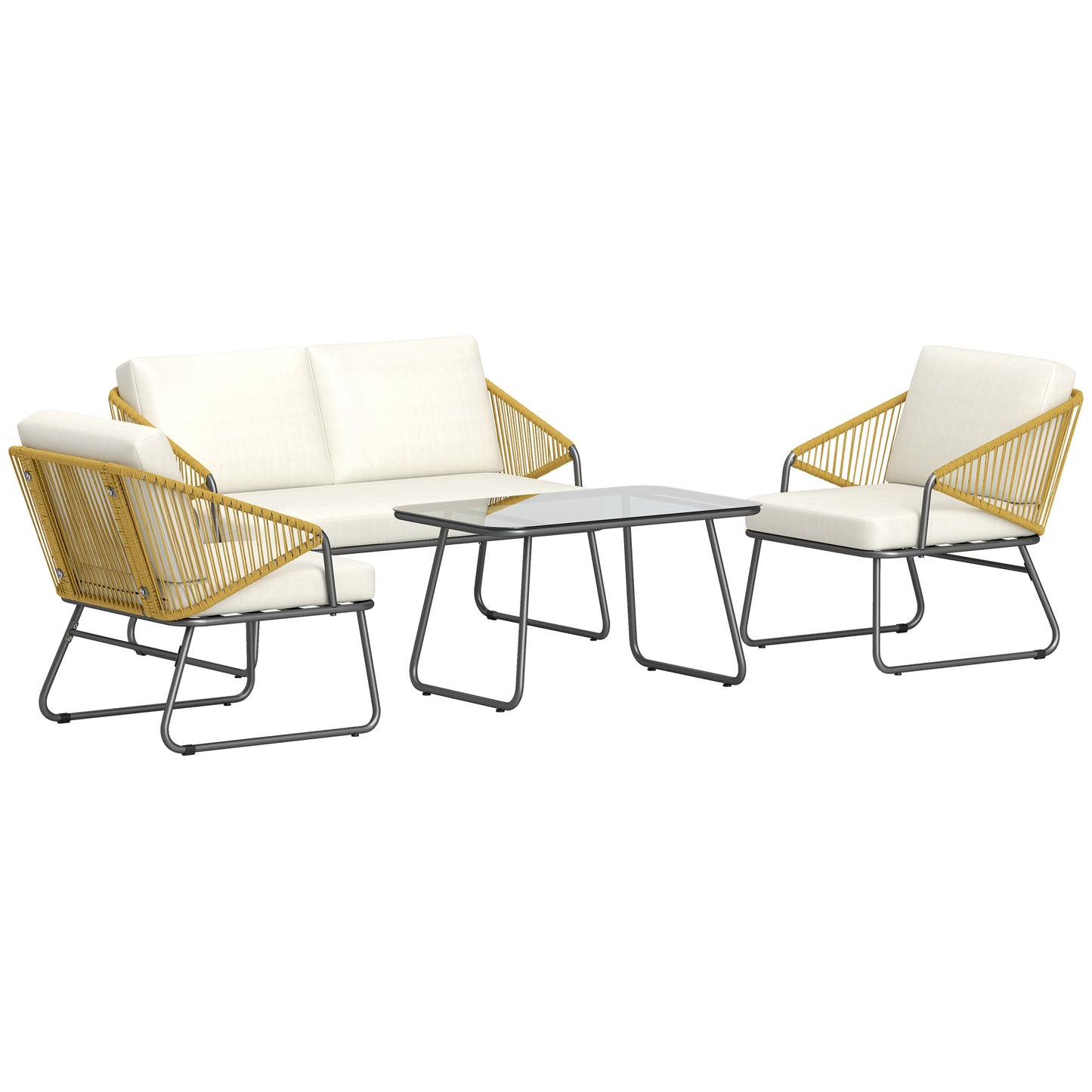 4 Piece Rattan Garden Furniture Set with Cushions, Natural