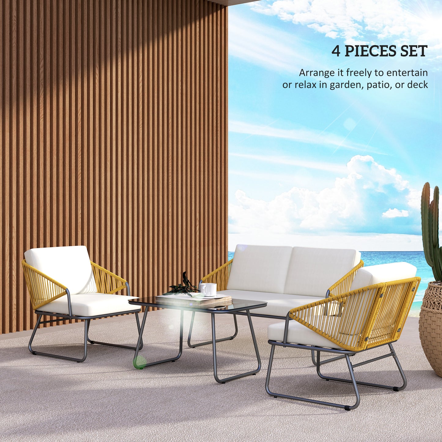 4 Piece Rattan Garden Furniture Set with Cushions, Natural