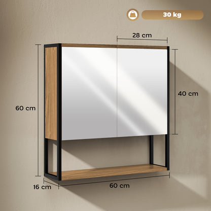 Industrial Bathroom Cabinet with 2 Mirrored Doors Open Shelf, Natural
