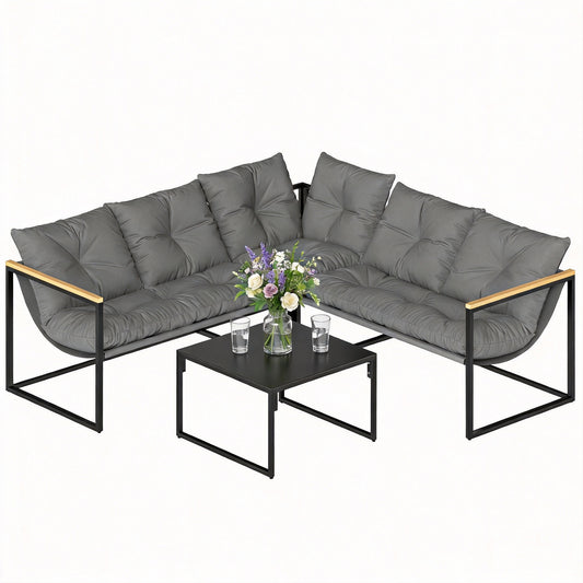 4 Piece Garden Furniture Set with Cushions Coffee Table, Grey