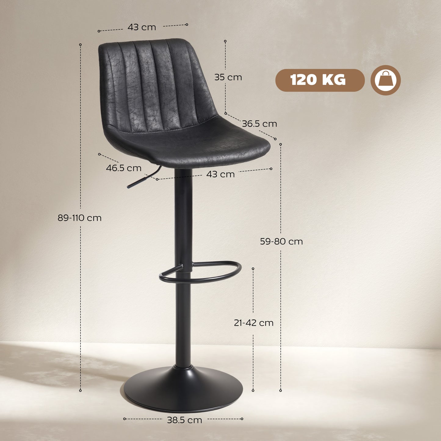 Bar Stools Set of 2 Adjustable Swivel Bar Chairs with Backrest Black