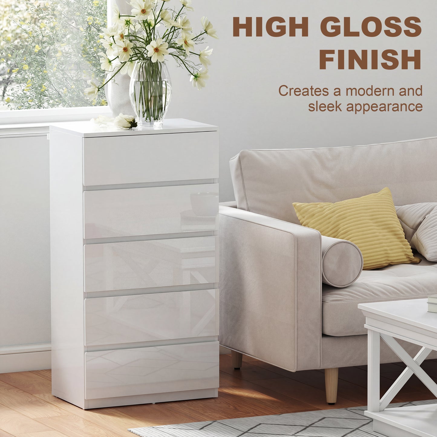 High Gloss Chest of Drawers, 5-Drawer Storage Cabinets, For Bedroom - White
