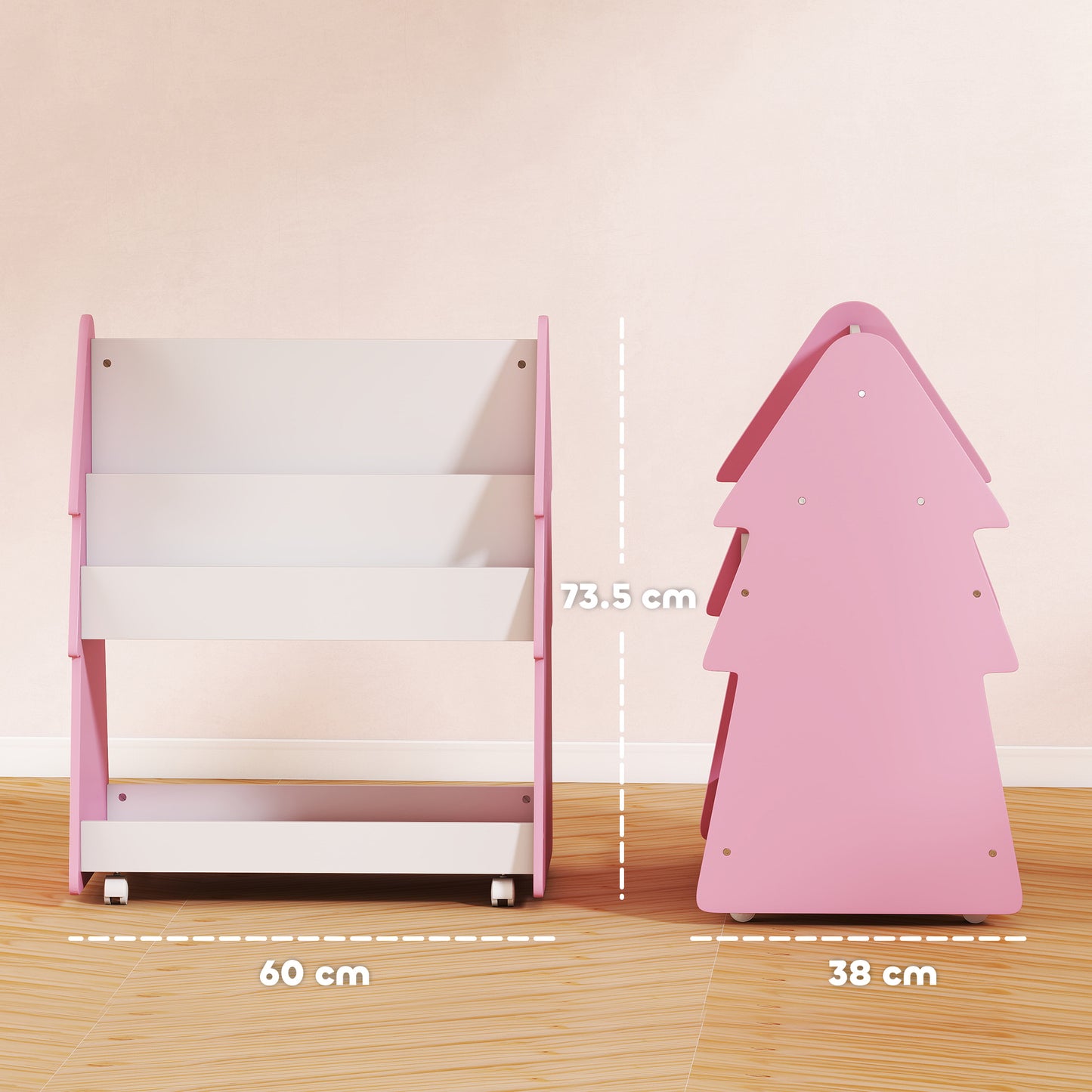 Double-Sided Children's Bookcase with Wheels for Playroom, Pink