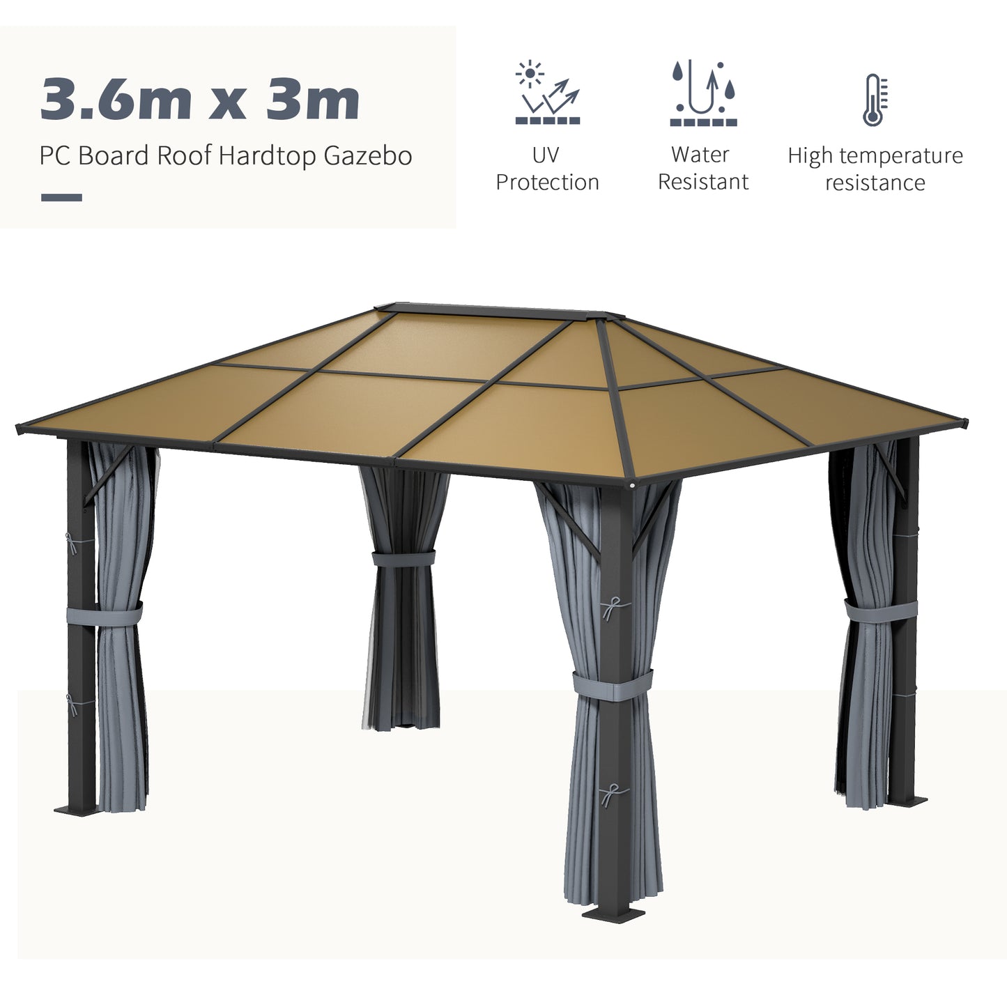 3 x 3.6m Hardtop Gazebo with Aluminium Frame and Curtains