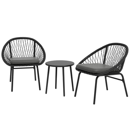 3 Piece Garden Furniture Set with Cushions, Round PE Rattan Bistro Set w/ 2 Armchairs & Metal Plate Coffee Table