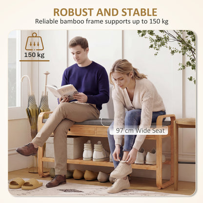 Shoe Bench with 2 Drawers, Shoe Storage Bench with Cushioned Seat, Storage Shelf and Bamboo Frame, 130 kg Weight Capacity, 105 x 33.2 x 55 cm, Natural and Grey