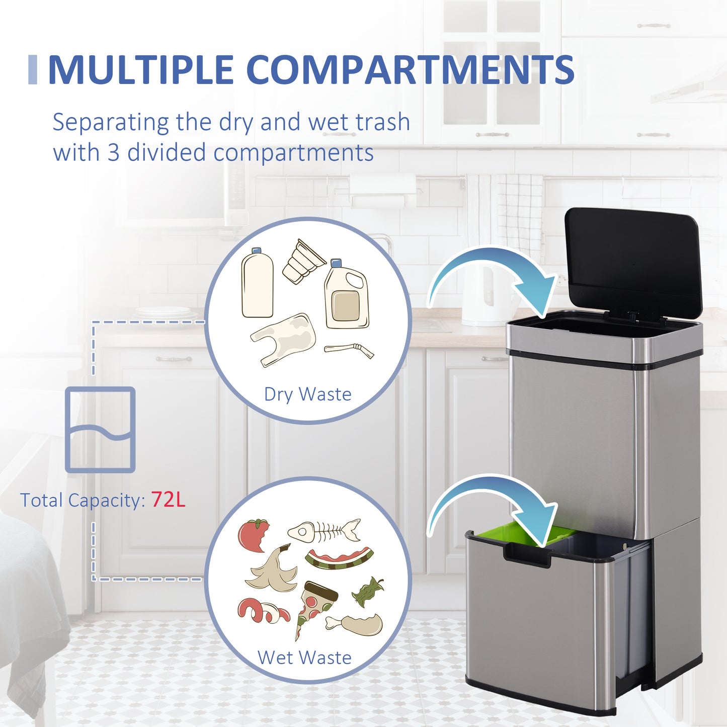 72L Stainless Steel Sensor Bin With 3 Compartments For Both Wet/Dry Waste