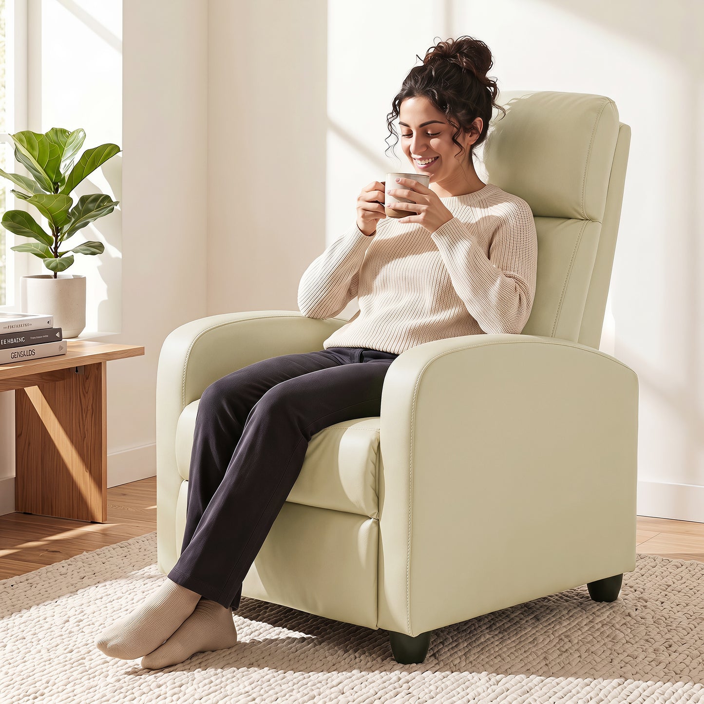 Recliner Sofa Chair PU Leather Massage Armcair w/ Remote, Cream White
