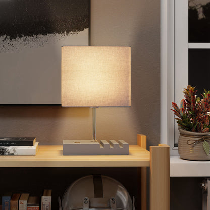 Table Lamp with 3 Slots, Bedside Lamp with Solid Wood Base, Grey