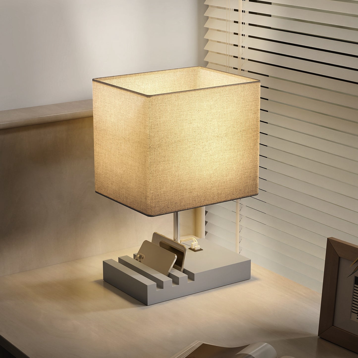 Table Lamp with 3 Slots, Bedside Lamp with Solid Wood Base, Grey