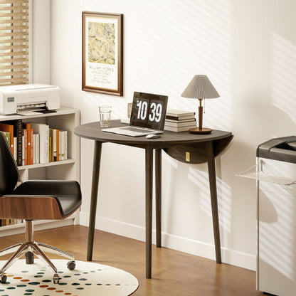 Foldable Dining Table, Round Drop Leaf Table, Wood Legs, Grey