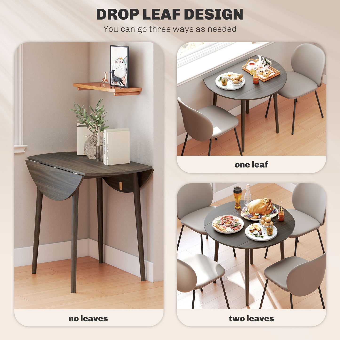 Foldable Dining Table, Round Drop Leaf Table, Wood Legs, Grey