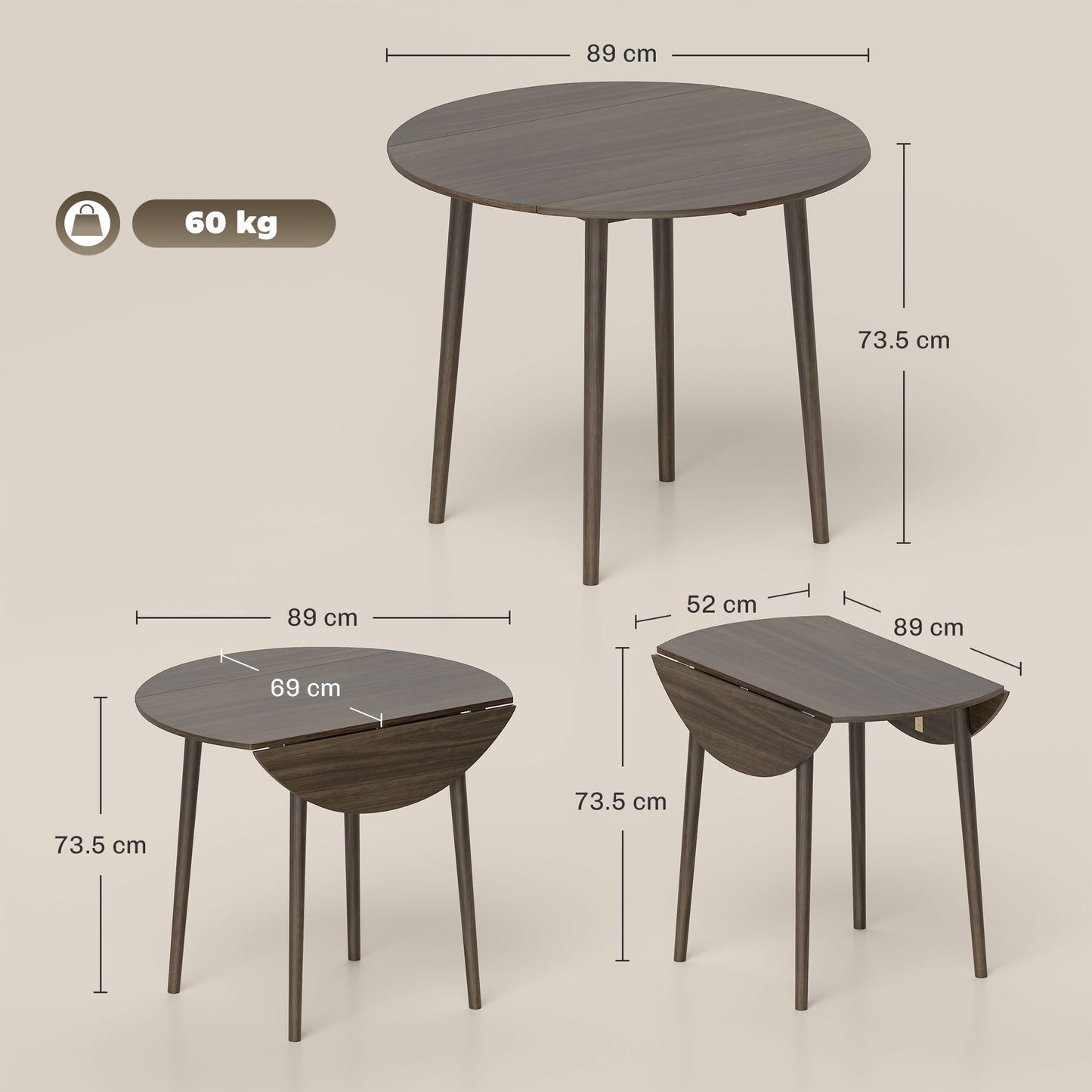 Foldable Dining Table, Round Drop Leaf Table, Wood Legs, Grey