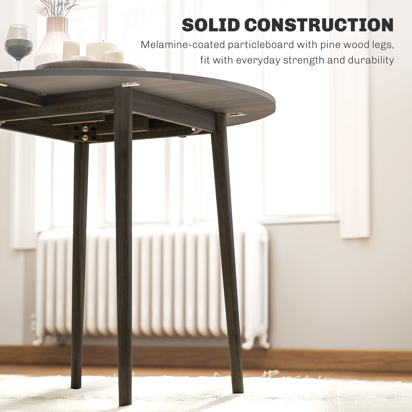 Foldable Dining Table, Round Drop Leaf Table, Wood Legs, Grey