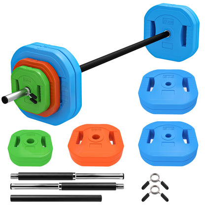 30kg Adjustable Barbell Set with 8 Grip Plates and Clips - Multicolour