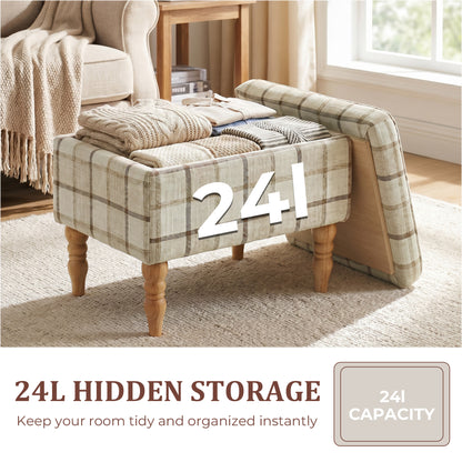 Rectangular Storage Stool, Linen-Look Fabric Upholstered Footstool with Removable Top, Padded Seat and Hidden Space for Living Room, Bedroom, Brown