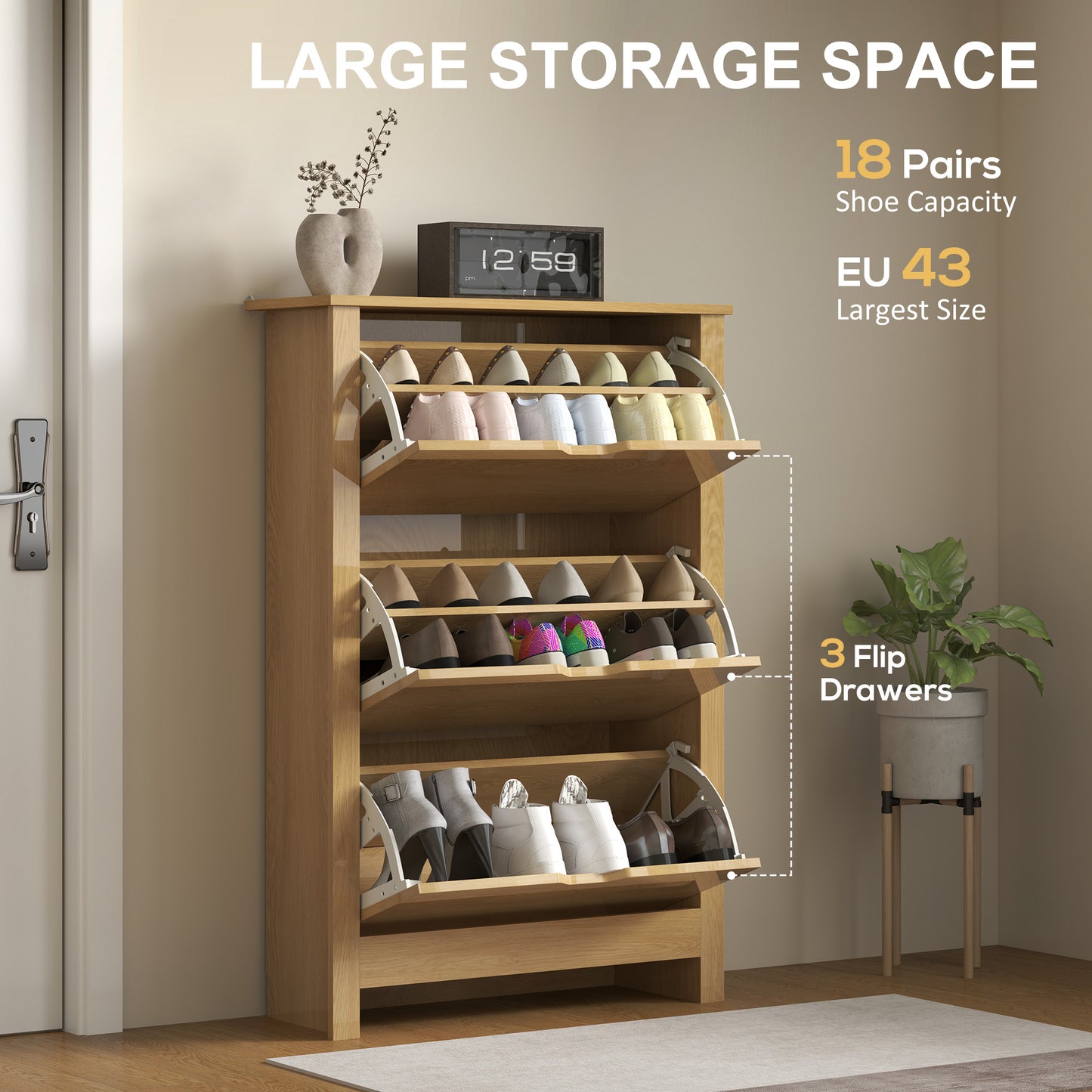 18-Shoe Storage Cabinet 6 Shelves 3 Drawers Natural Wood Finish