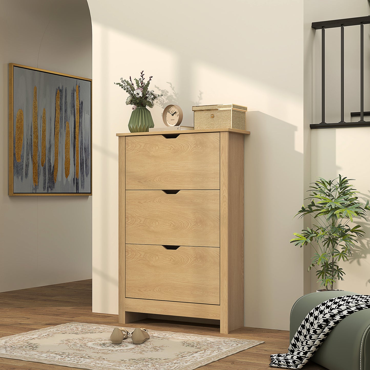 18-Shoe Storage Cabinet 6 Shelves 3 Drawers Natural Wood Finish