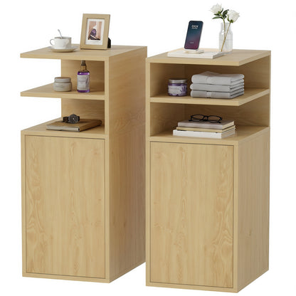 Slim Bedside Table Set of 2 with Open Cubbies and Cupboard, Oak
