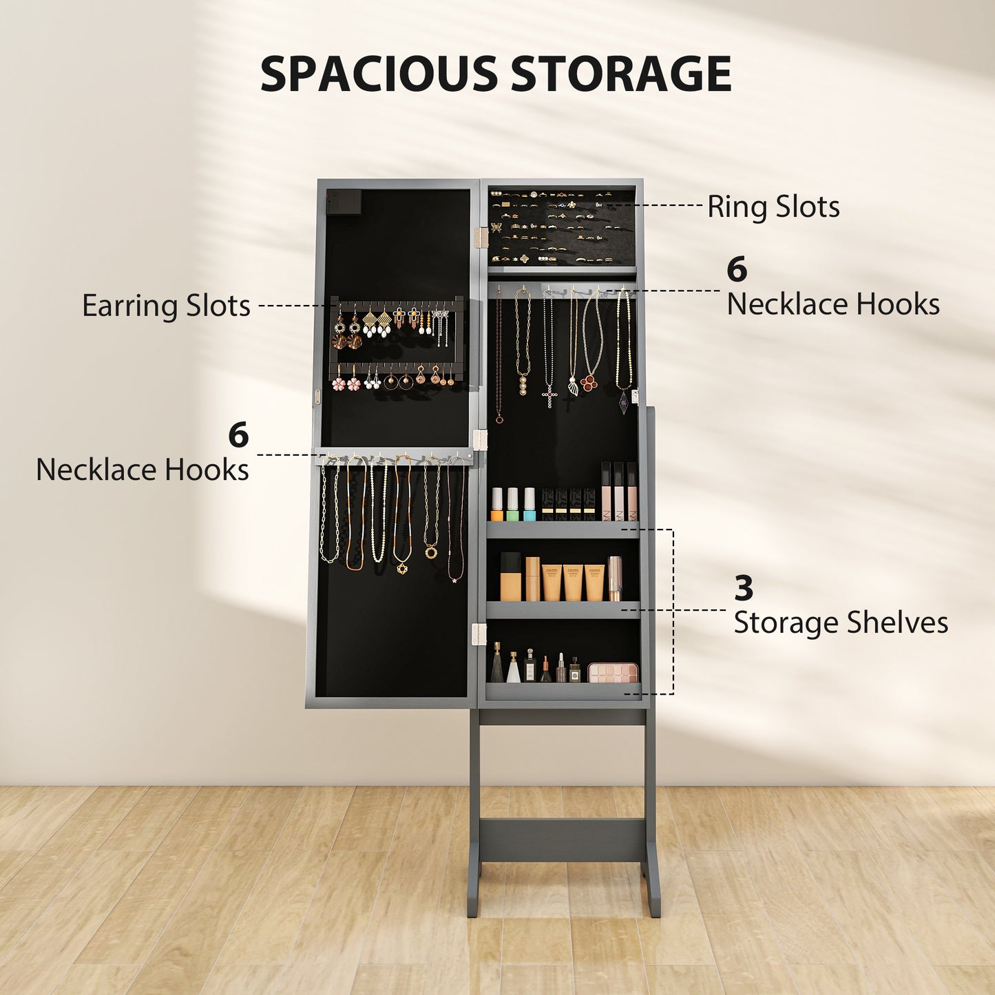 Freestanding LED Mirrored Jewelry Cabinet Grey