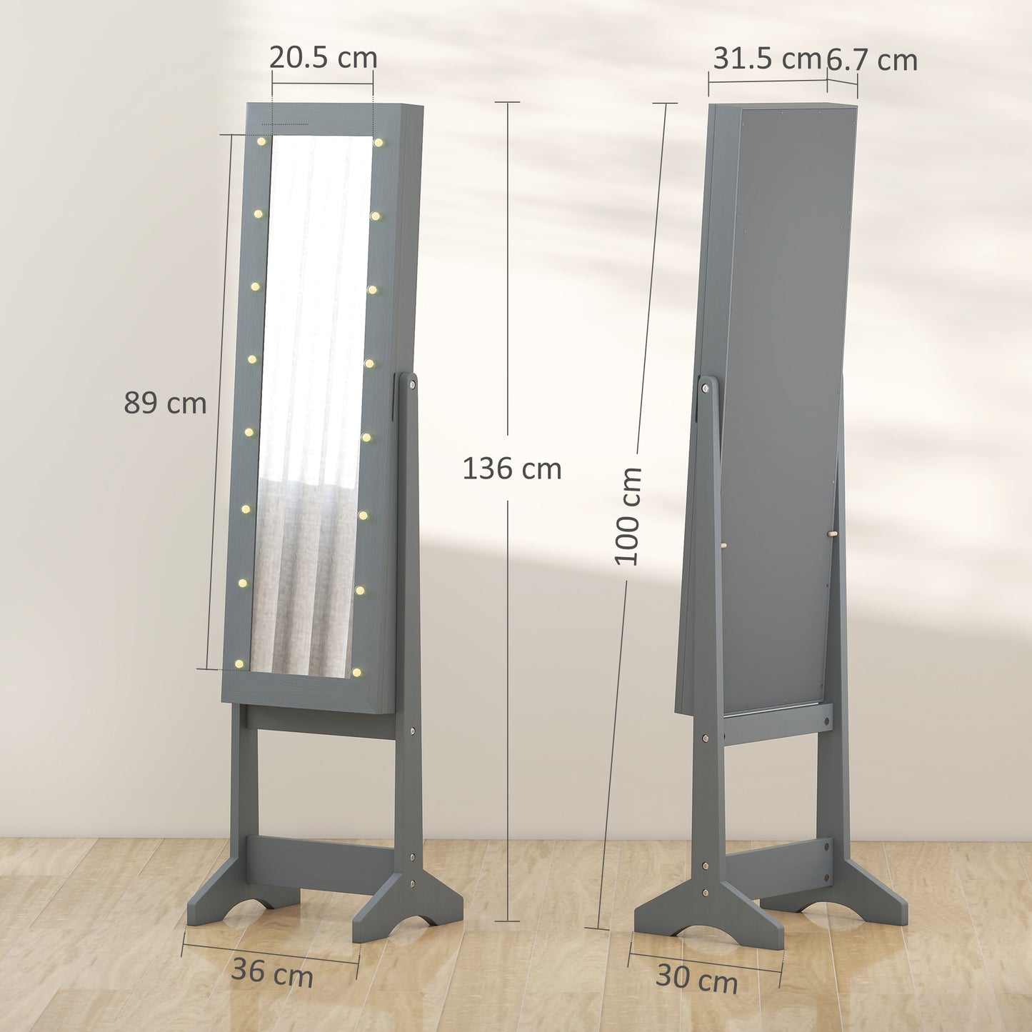 Freestanding LED Mirrored Jewelry Cabinet Grey