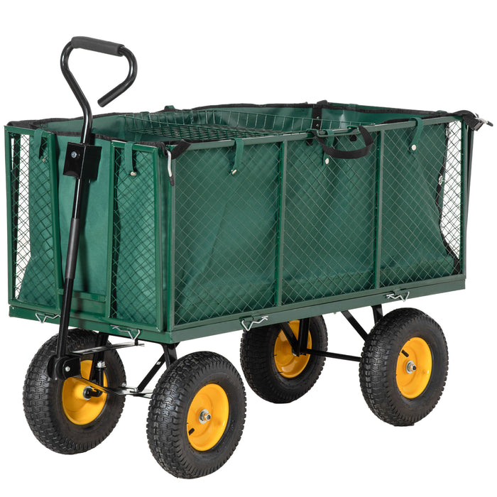 Large 4 Wheel Heavy Duty Garden Trolley Cart Wheelbarrow with Handle and Metal Frame - Green