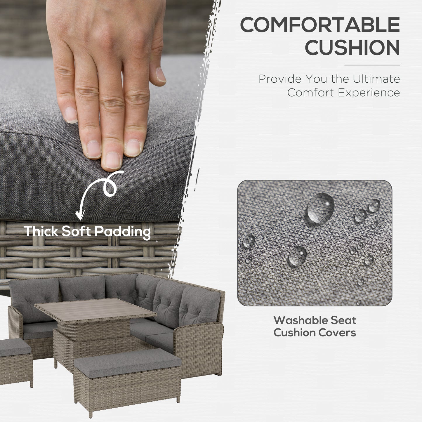 6 PCs Rattan Garden Furniture Sectional Corner Sofa, Light Grey