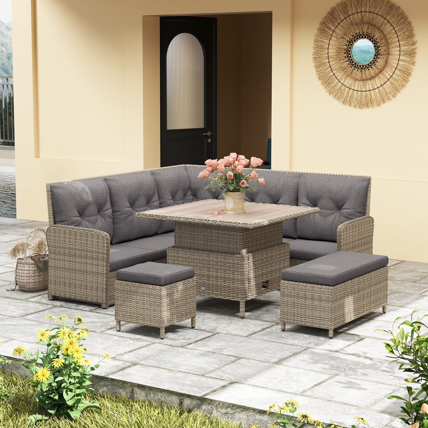 6 PCs Rattan Garden Furniture Sectional Corner Sofa, Light Grey