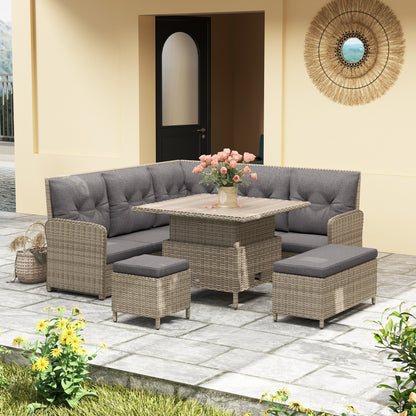 6 PCs Rattan Garden Furniture Sectional Corner Sofa, Light Grey