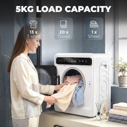 Vented Tumble Dryer, 5kg Wet Laundry/3kg Dry Capacity, 1000W Compact Front Tumble Dryer with Smart Drying, Stainless Steel Tub, Freestanding Stackable Clothes Drying Machine, White