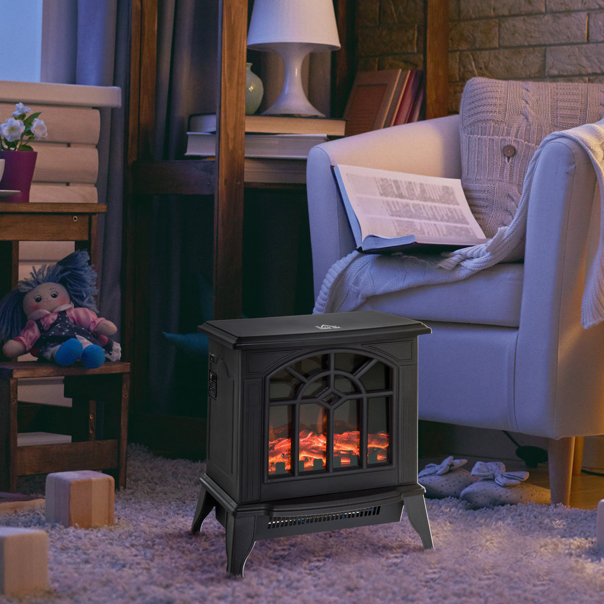 Freestanding Electric Fireplace Heater w/ LED Flame 1000W/2000W Black