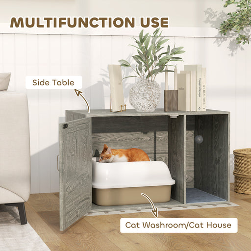 Cat Litter Box Enclosure with Rattan Door, Boho Style Hiddern Litter Box Furniture, Cat House End Side Table with Scratching Mat, Toy Ball, Non-slip Foot Pads, 80 x 50 x 50cm, Grey