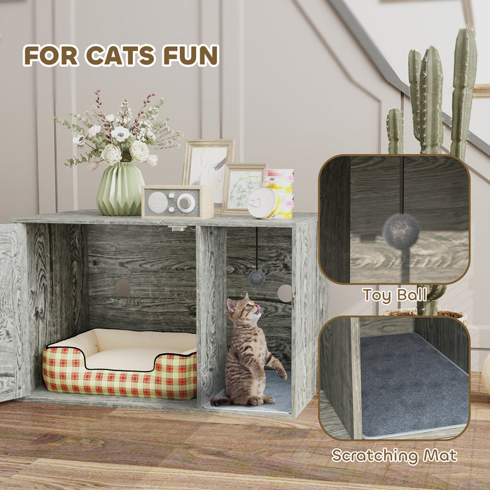 Cat Litter Box Enclosure with Rattan Door, Boho Style Hiddern Litter Box Furniture, Cat House End Side Table with Scratching Mat, Toy Ball, Non-slip Foot Pads, 80 x 50 x 50cm, Grey